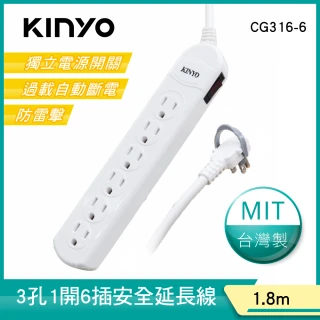 【KINYO】1開6插安全延長線1.8M(CG316-6)