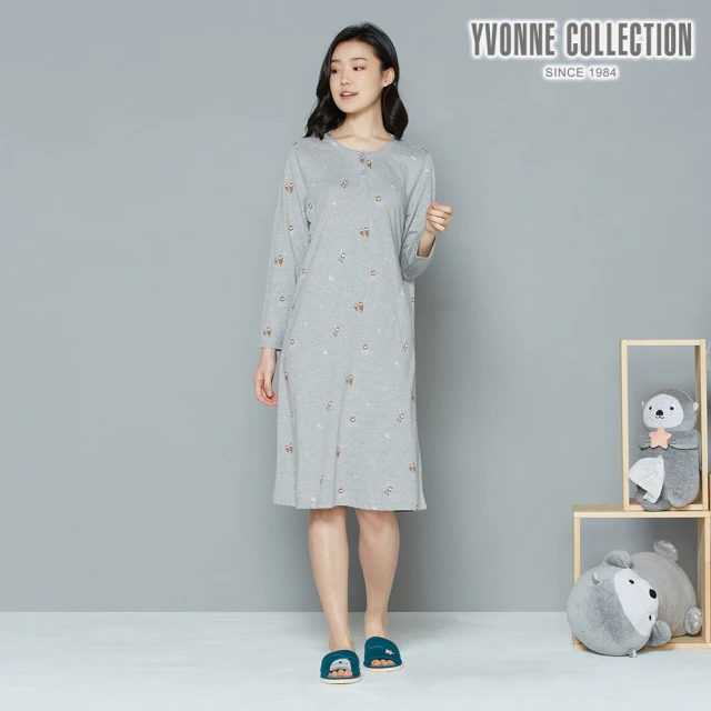 Yvonne Collection【Yvonne Collection】海獺印花半開襟長袖洋裝(迷霧灰)