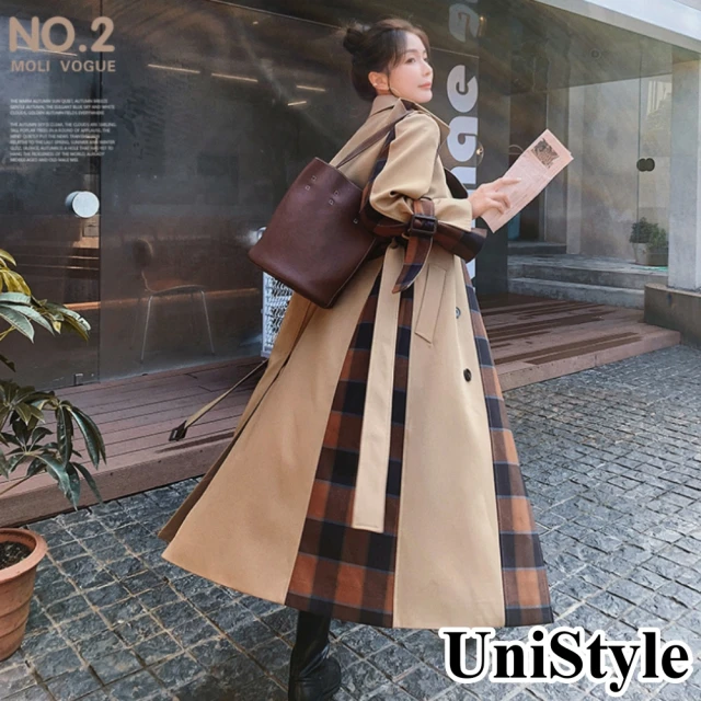 【UniStyle】韓系法式氣質顯瘦格紋拼接長袖風衣外套 女 ZM261-886(圖片色)