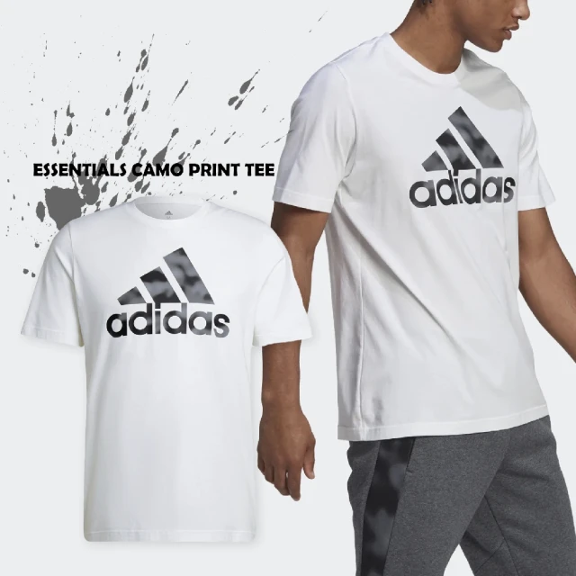 adidas 愛迪達【adidas 愛迪達】短袖上衣 M Camo Tee 男款 白 黑 經典 基本款 三線 短T T恤 純棉 愛迪達(HL6930)