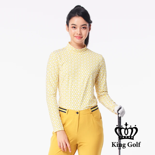 【KING GOLF】女款滿版花瓣印圖輕刷毛小立領長袖內搭衣(黃色)