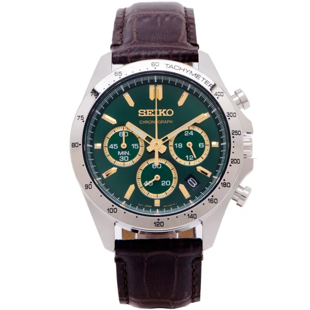 【SEIKO 精工】日本國內販售款三眼計時皮革錶帶手錶-綠面X咖啡色/40mm(SBTR017)