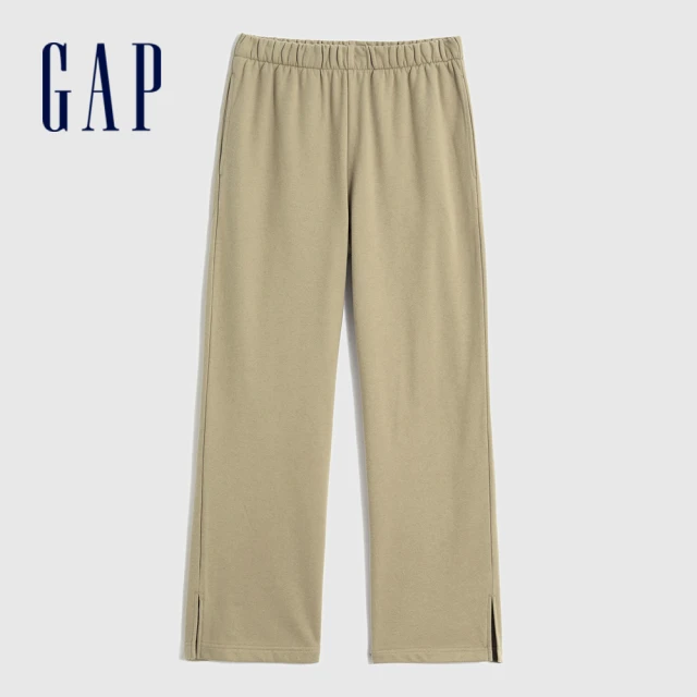 GAP【GAP】女裝 碳素軟磨 法式圈織系列 高腰運動休閒寬褲(445710-卡其色)