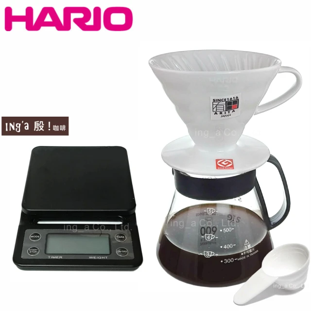 【HARIO】V60 1-4人份有田燒陶瓷濾杯+Inga 咖啡 計時電子秤(附贈台玻咖啡壺)