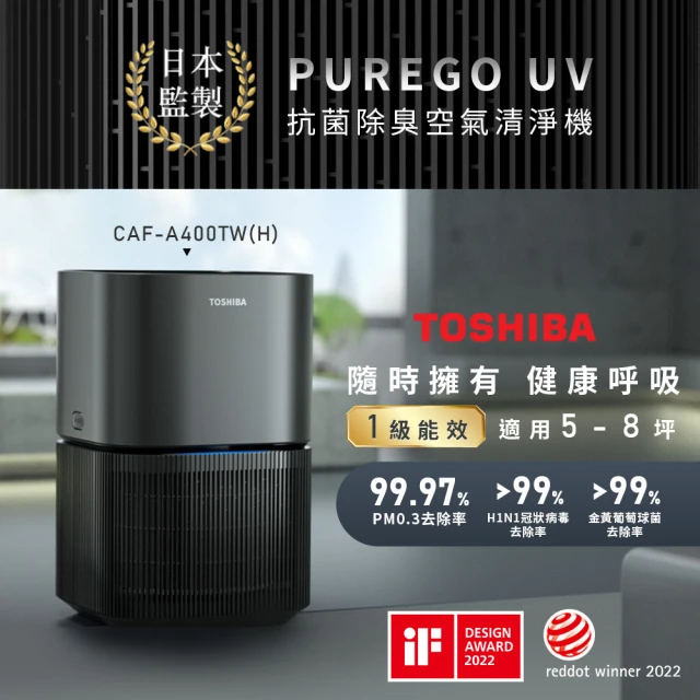 【TOSHIBA 東芝】PUREGO UV抗菌除臭空氣清淨機 CAF-A400TW-H(適用5-8坪)