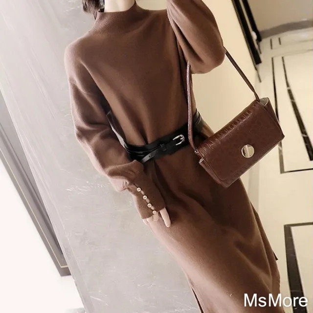 【MsMore】高級感圓小立領內搭冷淡風法式針織毛衣連身長袖寬鬆長版洋裝#114129(5色)
