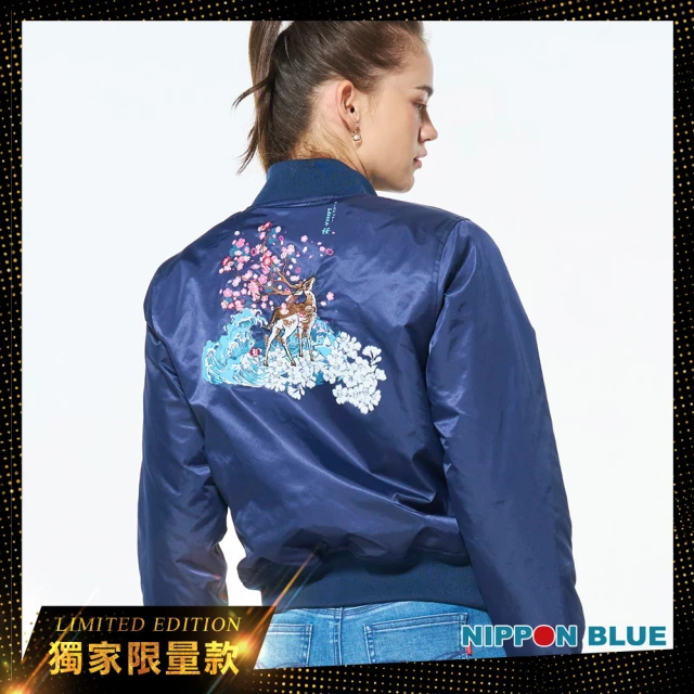 【BLUE WAY】女款 網路限定 日本藍 百花鹿 刺繡 飛行外套-日本藍