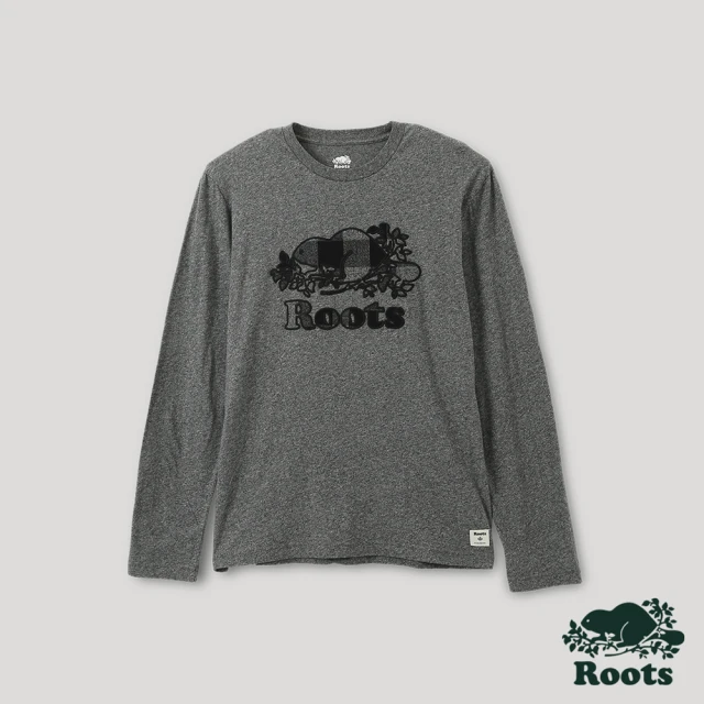 Roots【Roots】Roots 男裝- 格紋風潮系列 海狸LOGO長袖T恤(灰色)