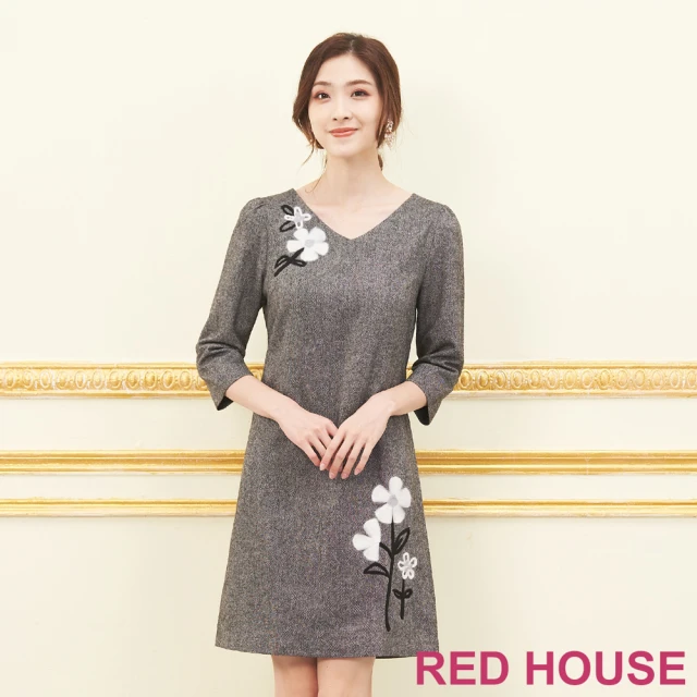 RED HOUSE 蕾赫斯【RED HOUSE 蕾赫斯】羊毛氈花朵A-line洋裝(灰色)