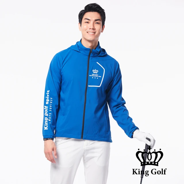 【KING GOLF】男款LOGO印圖防風防水連帽長袖外套(藍色)