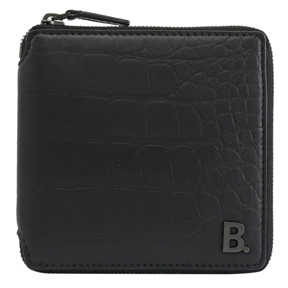 【Balenciaga 巴黎世家】品牌金屬B LOGO鱷魚紋牛皮拉鍊零錢短夾(黑)