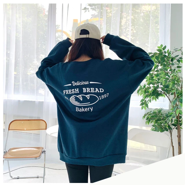 【Dition】美味麵包BAKERY復古印花大學服 保暖刷毛長袖上衣 寬版oversize 戶外 休閒(休閒風格outdoor)