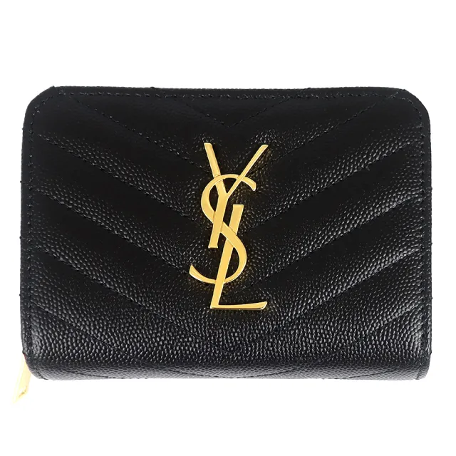 【YSL】MONOGRAM 珍珠紋V型牛皮金LOGO拉鍊短夾(黑色)