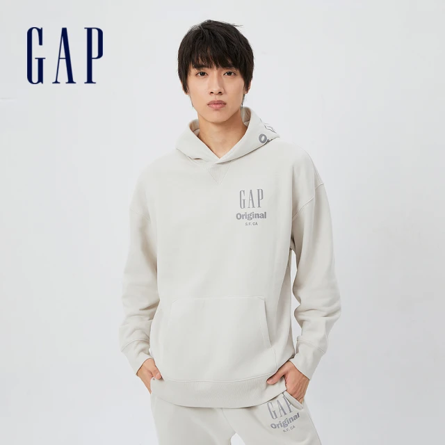 【GAP】男裝 碳素軟磨 法式圈織系列 Logo爍光寬鬆連帽休閒上衣(448316-灰白色)