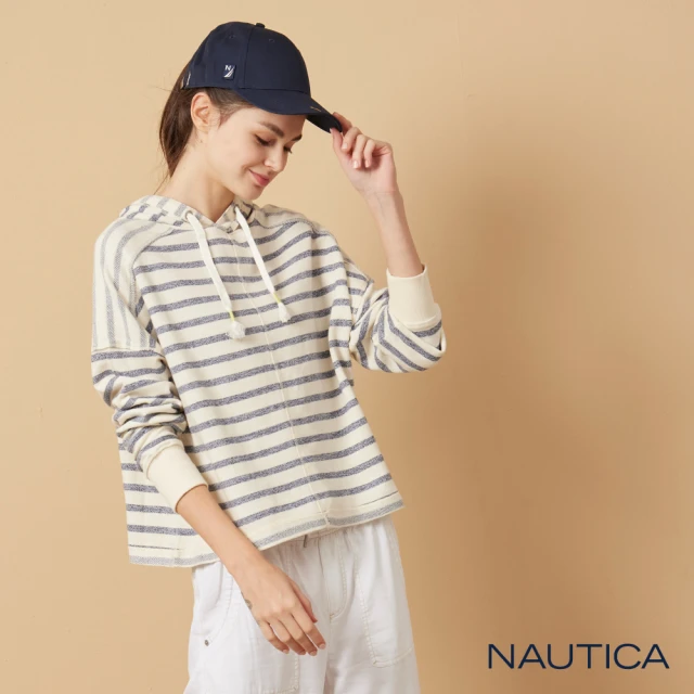NAUTICA【NAUTICA】女裝 舒適休閒條紋長袖帽T(藍白)