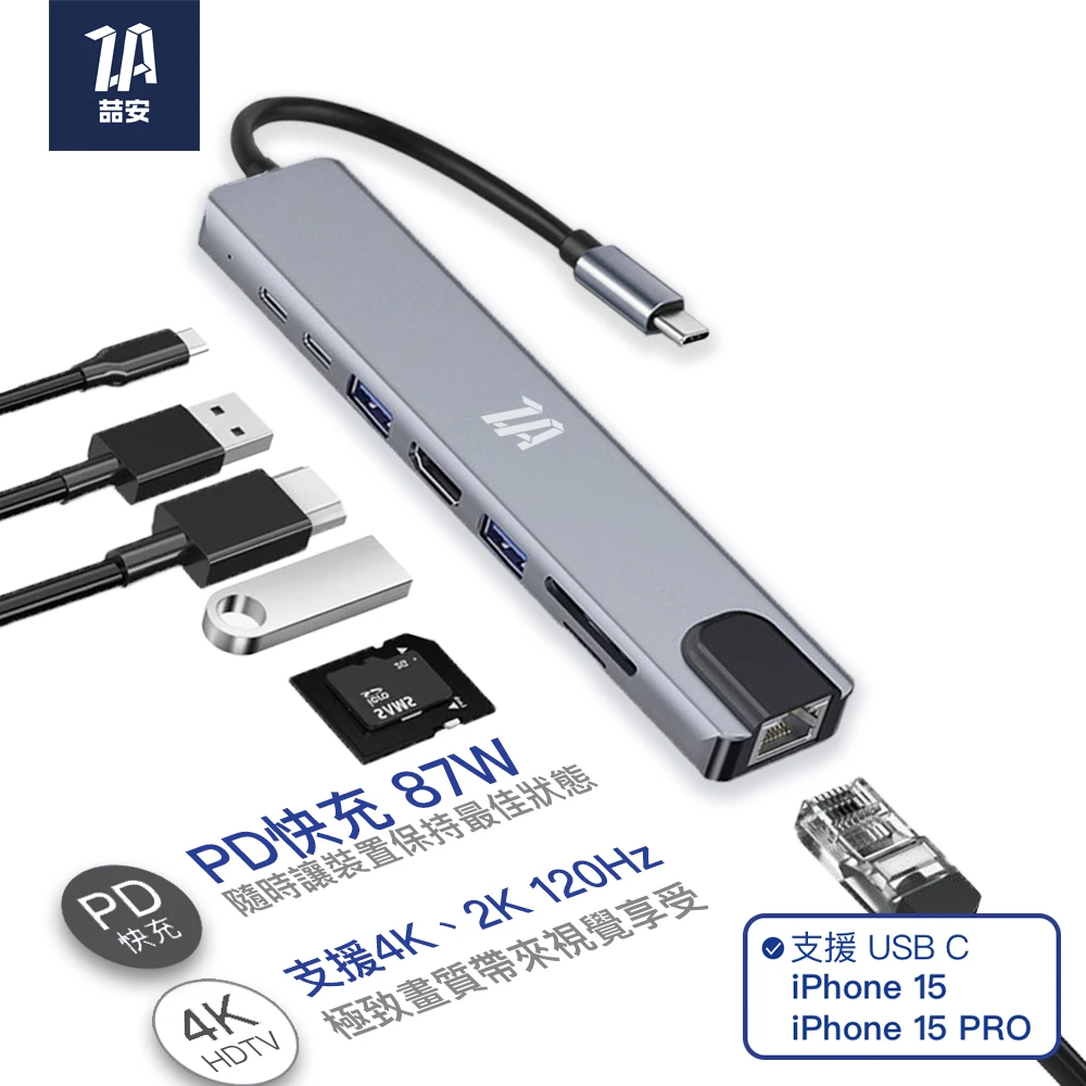【ZA喆安】8合1 USB Type-C Hub集線多功能擴充轉接頭器(M1M2 MacBook平板筆電 Type C HDTV網路卡網卡)