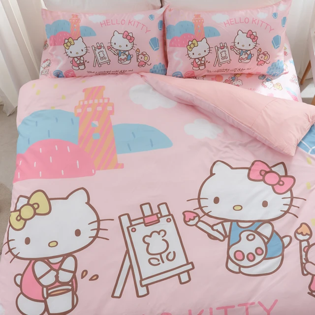 【戀家小舖】未來天絲枕套床包兩件組-單人(Hello Kitty 風景繪)