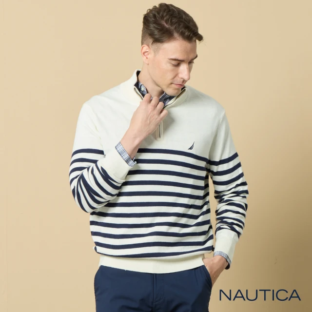 NAUTICA【NAUTICA】男裝立領恆溫修身條紋長袖針織衫(白)