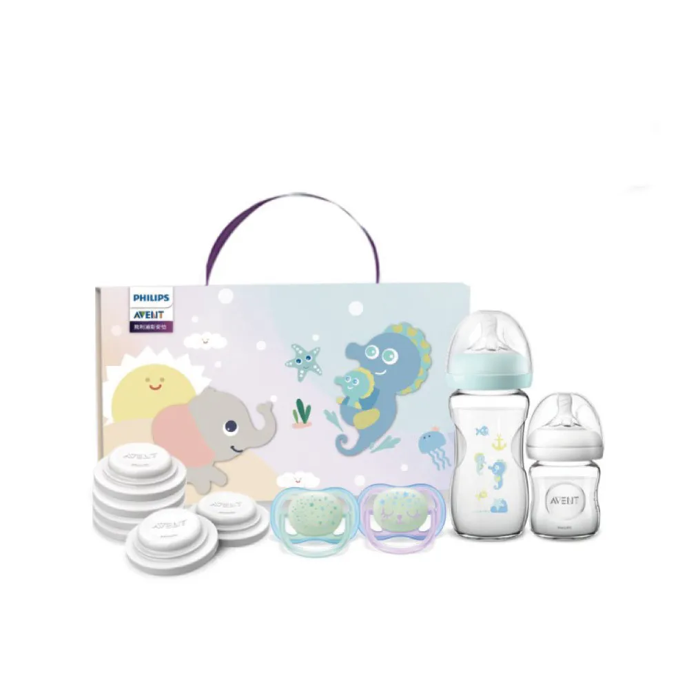 【PHILIPS AVENT】親乳感系列新生兒禮盒-彩繪玻璃奶瓶240ml+小玻璃奶瓶120ml+夜光安撫奶嘴+密封墊(SCF577P)