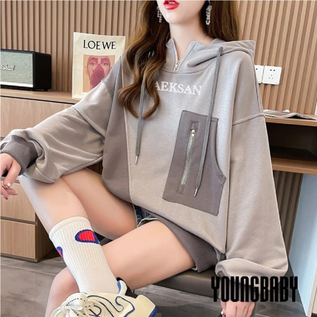 YOUNGBABY【YOUNGBABY】AEKSAN撞色斜拼接拉鍊立領連帽加絨T(L/XL)