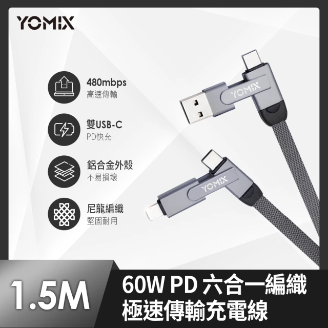 【YOMIX 優迷】PD 60W Type-C 1.5M六合一編織極速傳輸充電線(Type-C/Lightning/USB/Micro)