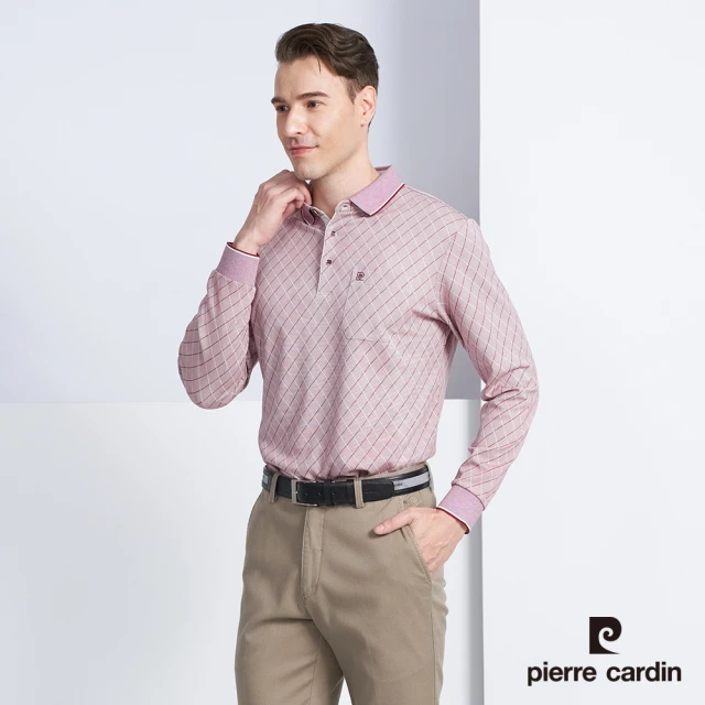 【pierre cardin 皮爾卡登】商務休閒 雙色交織小菱格長袖POLO衫-紅色(5225255-78)