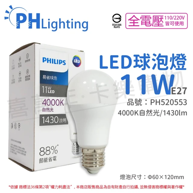 【Philips 飛利浦】12入 LED 11W E27 4000K 全電壓 自然光 新版 易省 球泡燈 _ PH520553