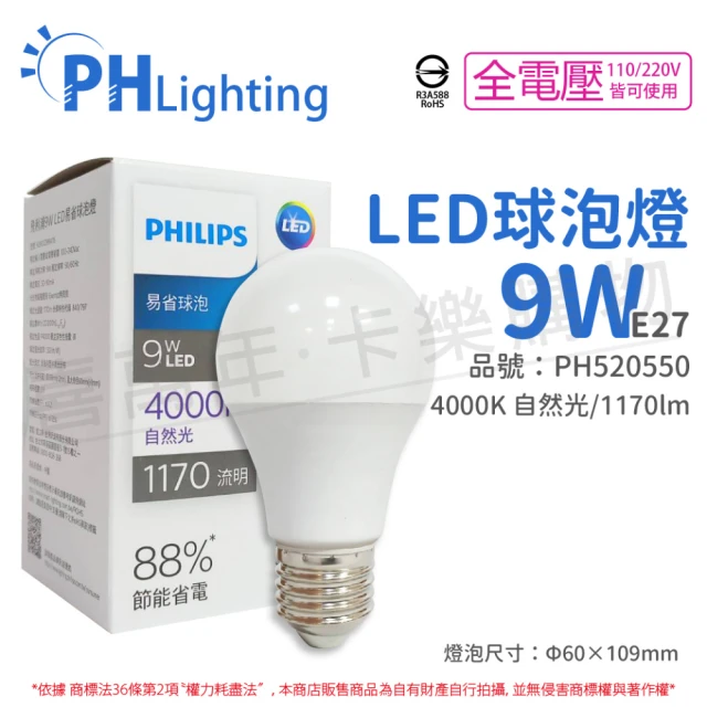 【Philips 飛利浦】12入 LED燈炮 9W E27 白光 自然光 黃光 新版 易省 球泡燈