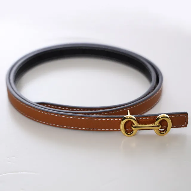 金色馬銜釦掌紋牛皮雙面二用窄版細皮帶
