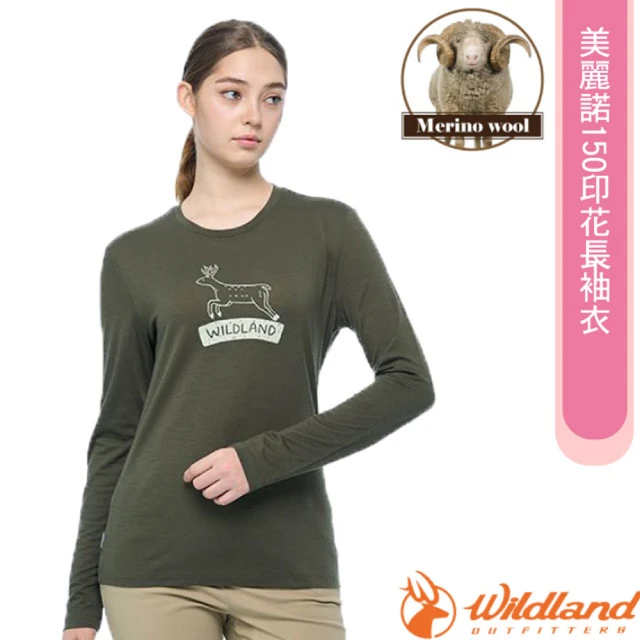 Wildland 荒野【Wildland 荒野】女 100%美麗諾150印花長袖衣.抗菌抗臭.四面彈性(0B02601-169 鼠尾草綠)