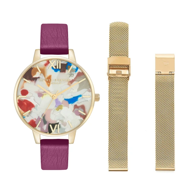 【Olivia Burton】POP ART-金殼太陽紋彩屑彩繪銀面紫色ECO帶腕錶搭淡金米蘭帶組合-34mm(OBGSET153)