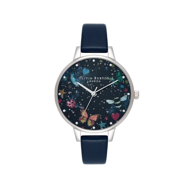 【Olivia Burton】Night Garden系列-鋼色殼昆蟲面黑面藍色皮帶腕錶/薄殼-34mm(OB16WG86)