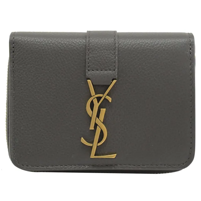 【YSL】品牌金屬YSL字母LOGO小牛皮雙面零錢短夾(深灰)