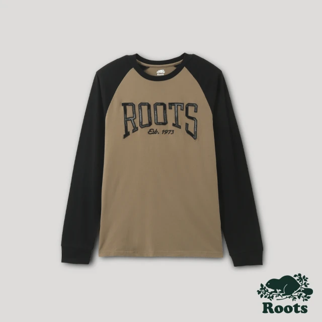 【Roots】Roots 男裝- 格紋風潮系列 棒球長袖T恤(棕色)