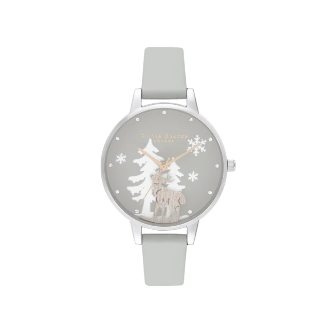 【Olivia Burton】Winter Wonderland系列-鋼殼麋鹿灰面灰皮帶腕錶-30mm(OB16AW02)