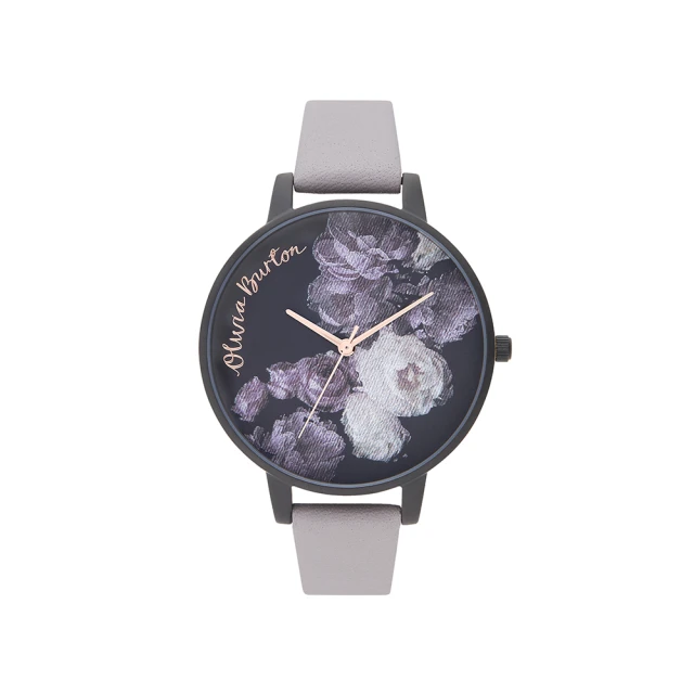 【Olivia Burton】Fine Art系列-黑殼花卉黑面紫丁香灰皮帶腕錶-38mm(OB16AD11)