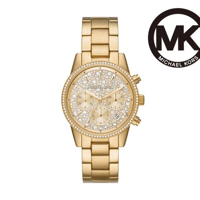 【Michael Kors】Ritz 奢華鑲鑽三眼計時女錶 金色不鏽鋼鍊帶 37MM MK7310