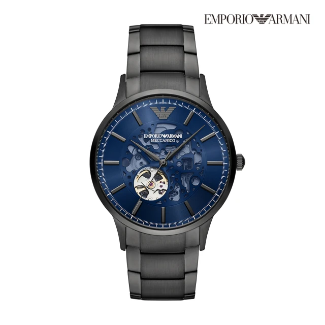 【EMPORIO ARMANI】Renato 湛藍炫黑風尚鏤空機械手錶 煙灰色不鏽鋼鍊帶 43MM AR60056