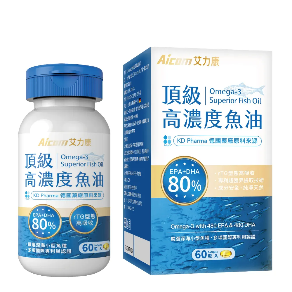 【Aicom 艾力康】德國頂級高濃度魚油 60粒 1盒(高濃度Omega-3 rTG型式好吸收)