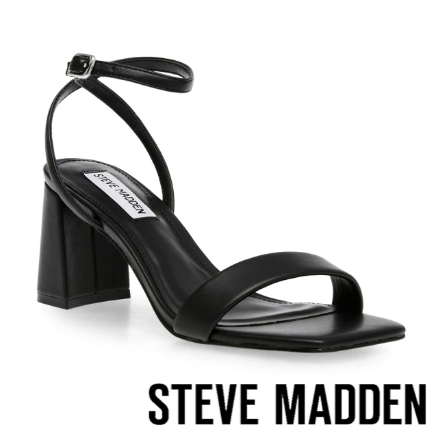 【STEVE MADDEN】LUXE 方頭繞踝粗跟涼鞋(黑色)