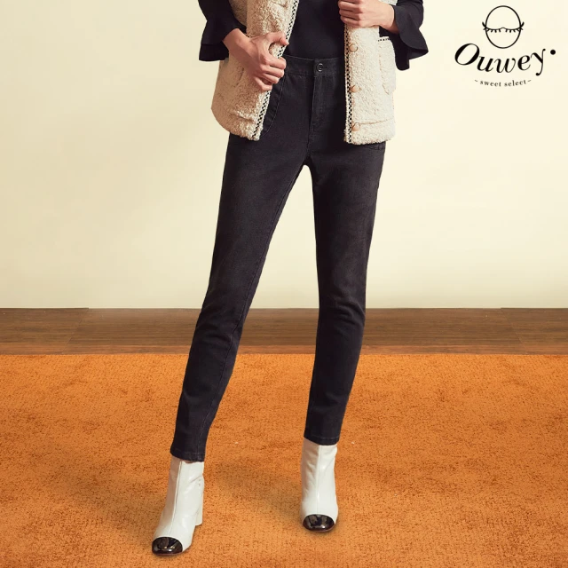 【OUWEY 歐薇】俐落刷色造型剪接口袋棉質牛仔直筒褲(黑色；S-L；3224068603)
