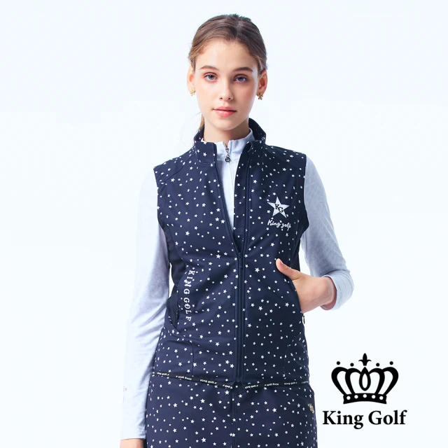 【KING GOLF】門市新品-女款星星印花薄款立領拉鍊背心外套(深藍)