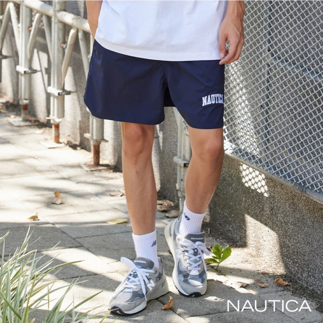 NAUTICA【NAUTICA】韓國限定款-LOGO刺繡鬆緊綁帶運動短褲(深藍)