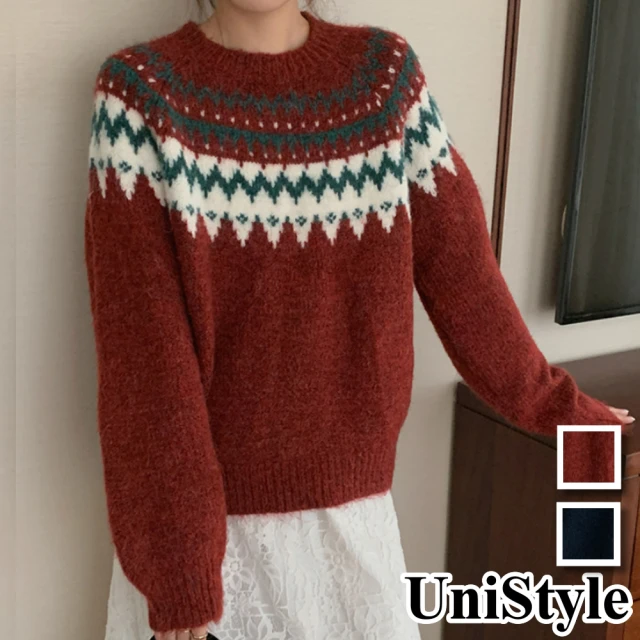 UniStyle【UniStyle】聖誕 韓版復古聖誕氛圍撞色顯瘦長袖毛衣上衣 女 EAW432A(紅 藏藍)