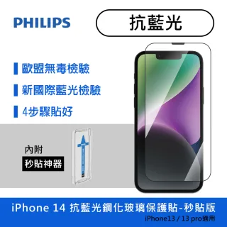 【Philips 飛利浦】iPhone 14 6.1吋 抗藍光9H鋼化玻璃保護貼-秒貼版(適用iPhone 13/13 Pro)