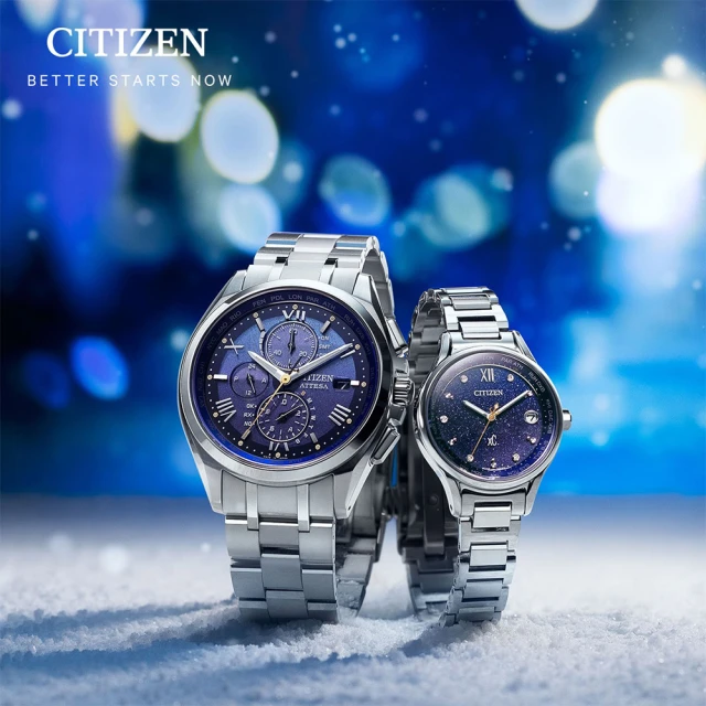 【CITIZEN 星辰】冬季Silent Snow寂靜冬雪光動能鈦金屬電波計時男女對錶(AT8240-74L/EC1160-62L 一組入)