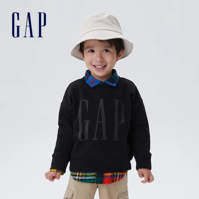 【GAP】男幼童 兔年限定 碳素軟磨系列 Logo刷毛休閒上衣(506990-黑色)