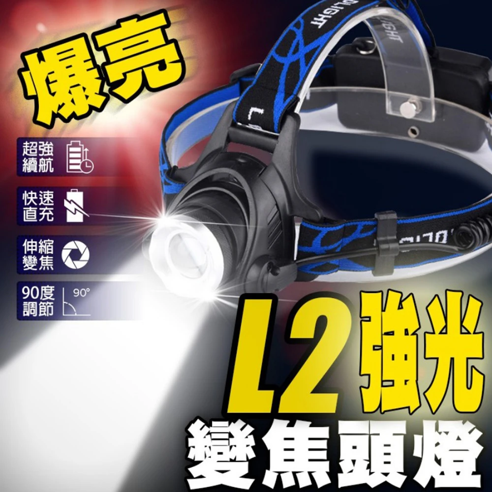 爆亮 L2 強光變焦 IPX4防水頭燈(防水 頭燈 戶外 露營 釣魚)