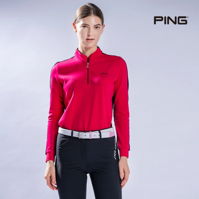 【PING】女款星型剪接立領長袖POLO衫-紅(日本素材/GOLF/高爾夫球衫/RA22216-18)