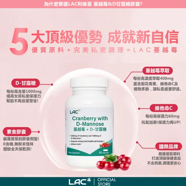 【LAC 利維喜】蔓越莓&D-甘露糖膠囊(60顆/私密呵護/保護秘密基地/甘露糖/維生素C/素食可)